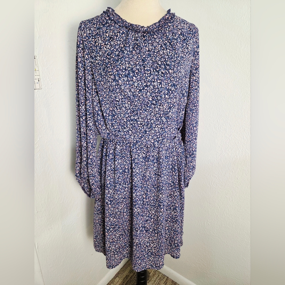 Banana Republic Blue & Pink Floral Ruffle-Neck Dress, Ties on the Side, Size 14 - Picture 2 of 15